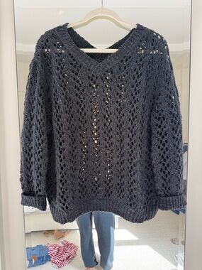 Brunello Cuccinelli V-Neck Open Knit Navy Sweater